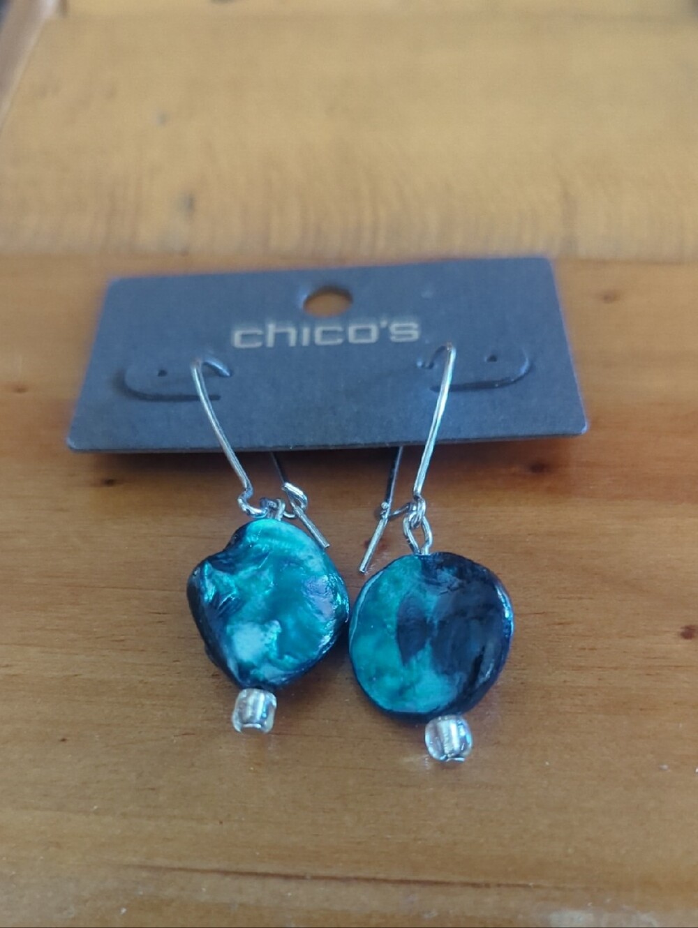 Chico's Iridescent Teal Shell Drop Earrings with Silver Bead